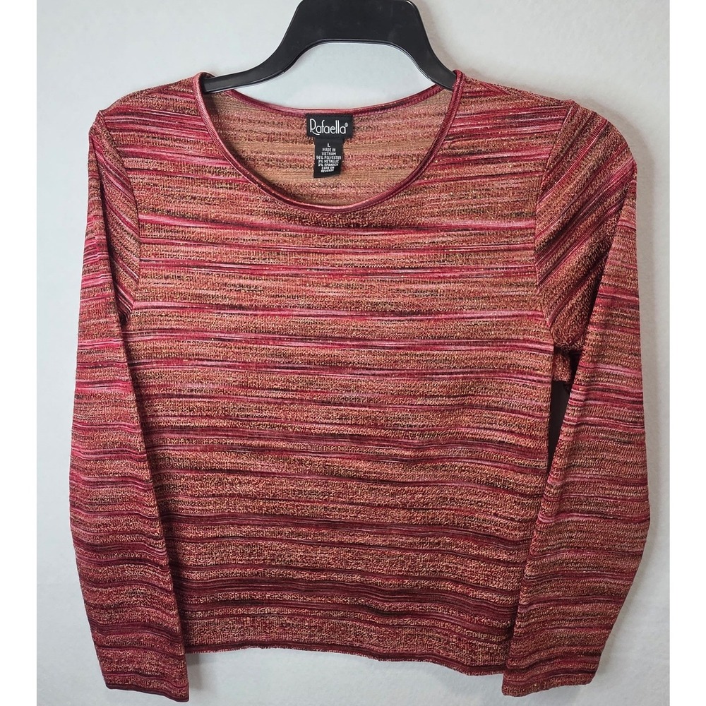 Rafaella Womens Red Gold Metallic Space Dye Knit Long Sleeve Scoop Neck Top L